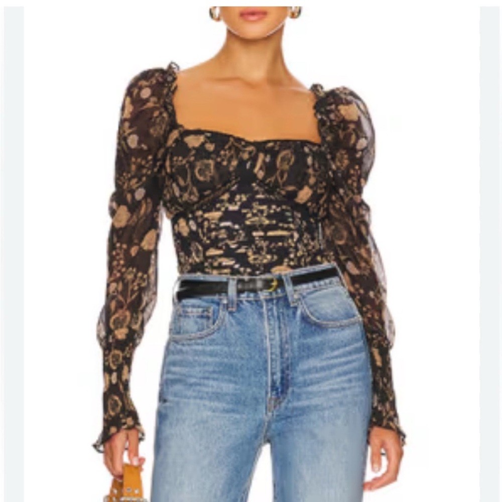 Free People Black and Tan Floral Blouse